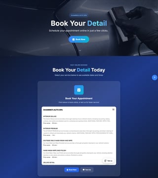 Car detailing appointment booking website showing service options and a blue Book Now button for scheduling an online appointment