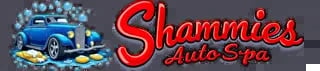Shammies Auto Spa logo featuring a blue vintage car with water bubbles on gray background